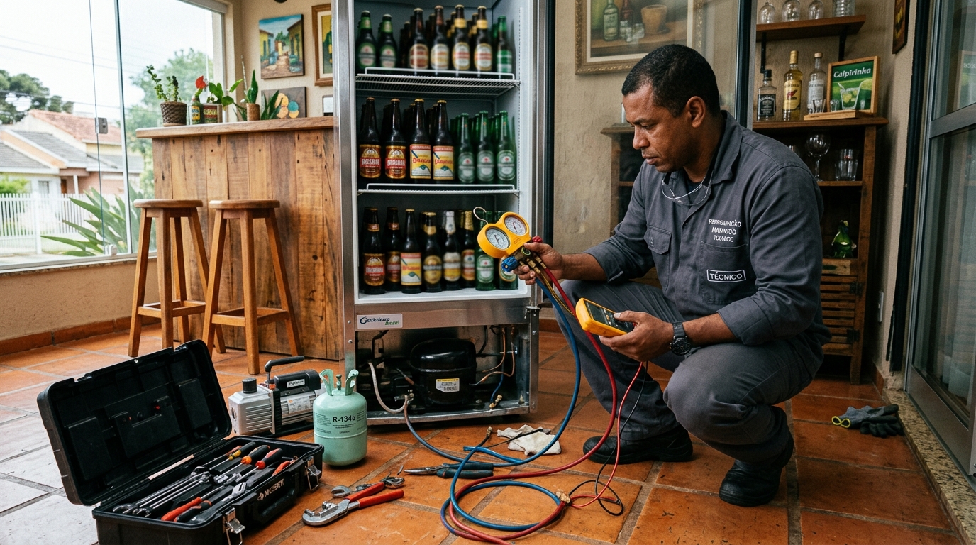 Profissional executando reparo no motor de cervejeira em Divinópolis‑MG