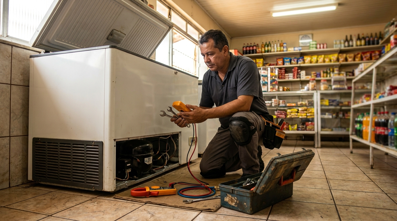 Profissional executando manutenção no motor de freezer em Divinópolis‑MG