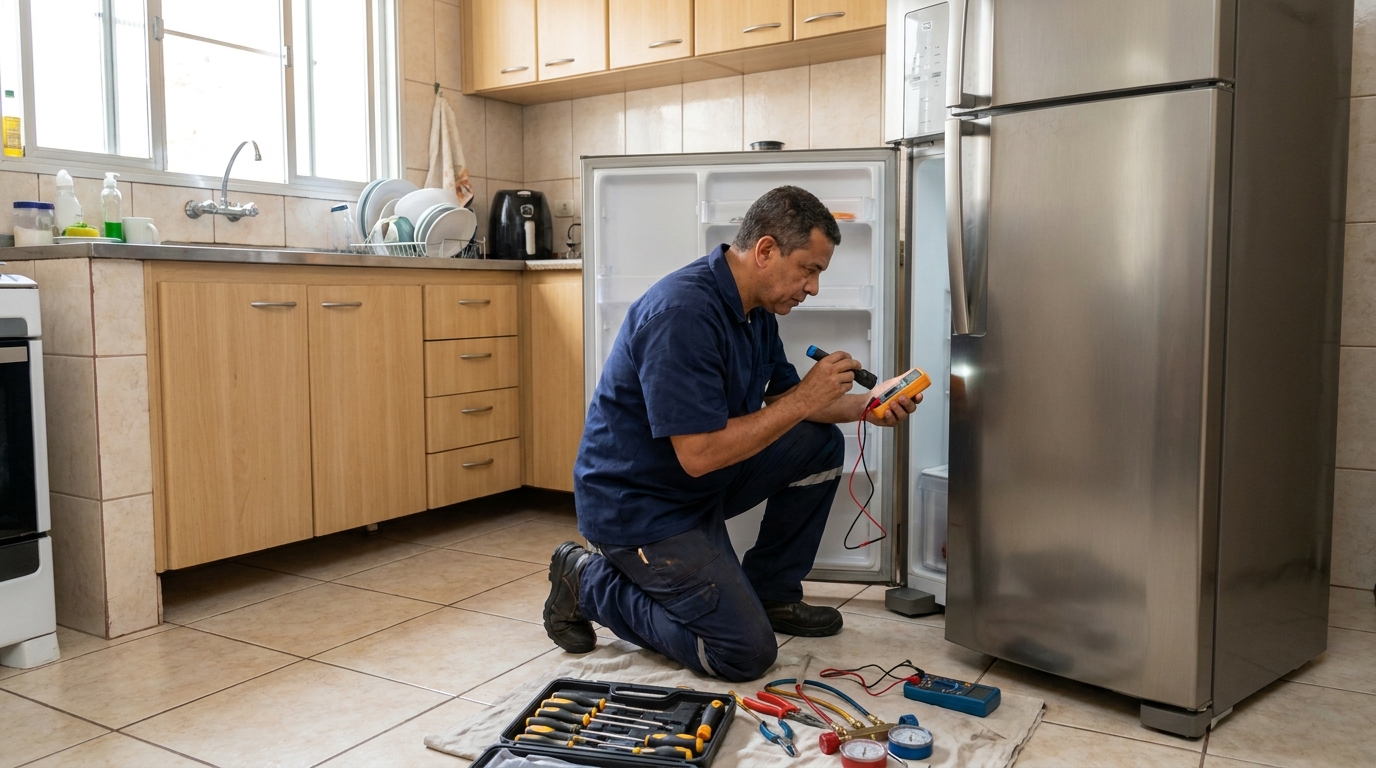 Técnico aplicando recarga de gás refrigerante em geladeira em Divinópolis‑MG